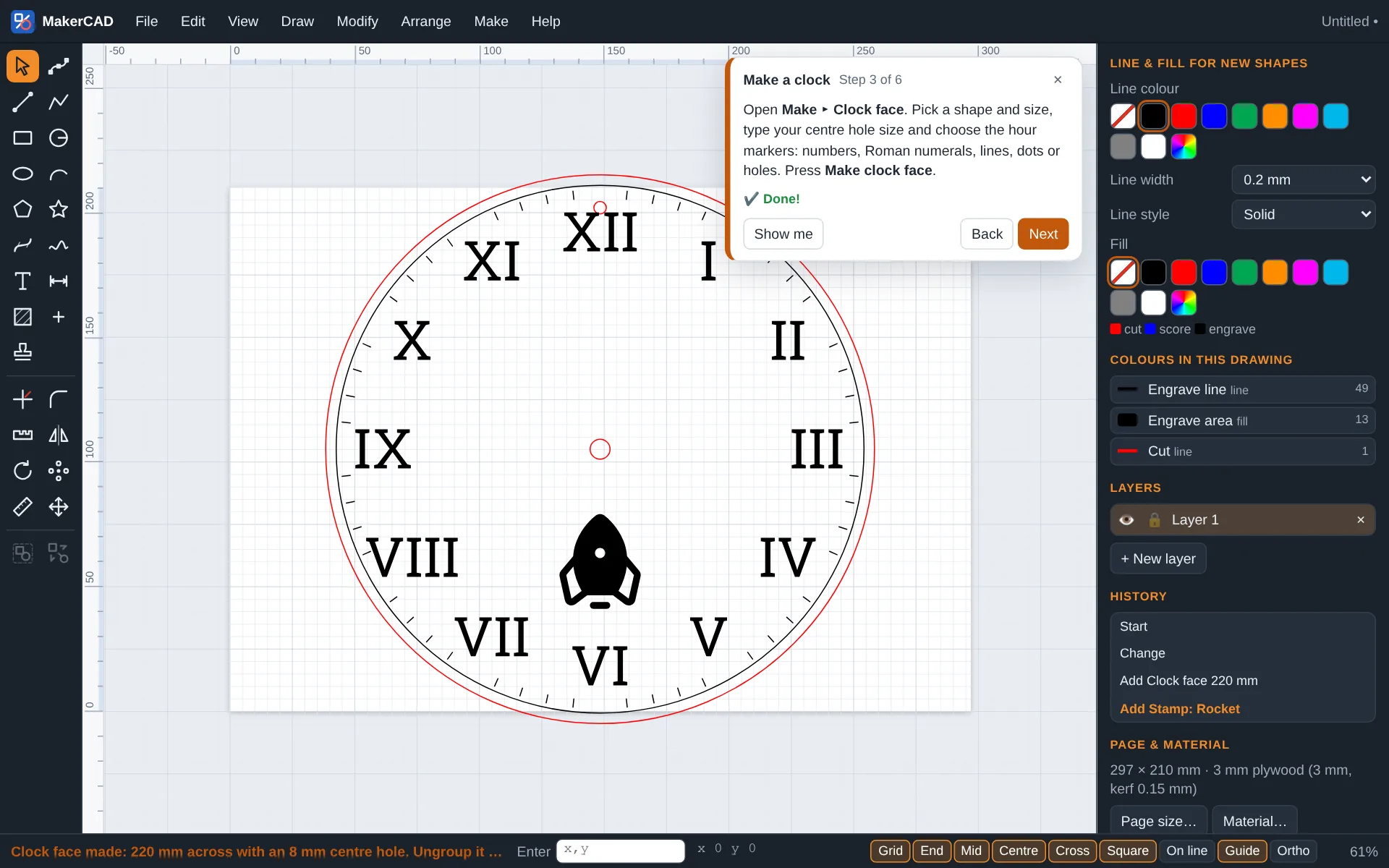 MakerCAD showing a laser-cut clock face with Roman numerals and a rocket, with a step-by-step guide card open.