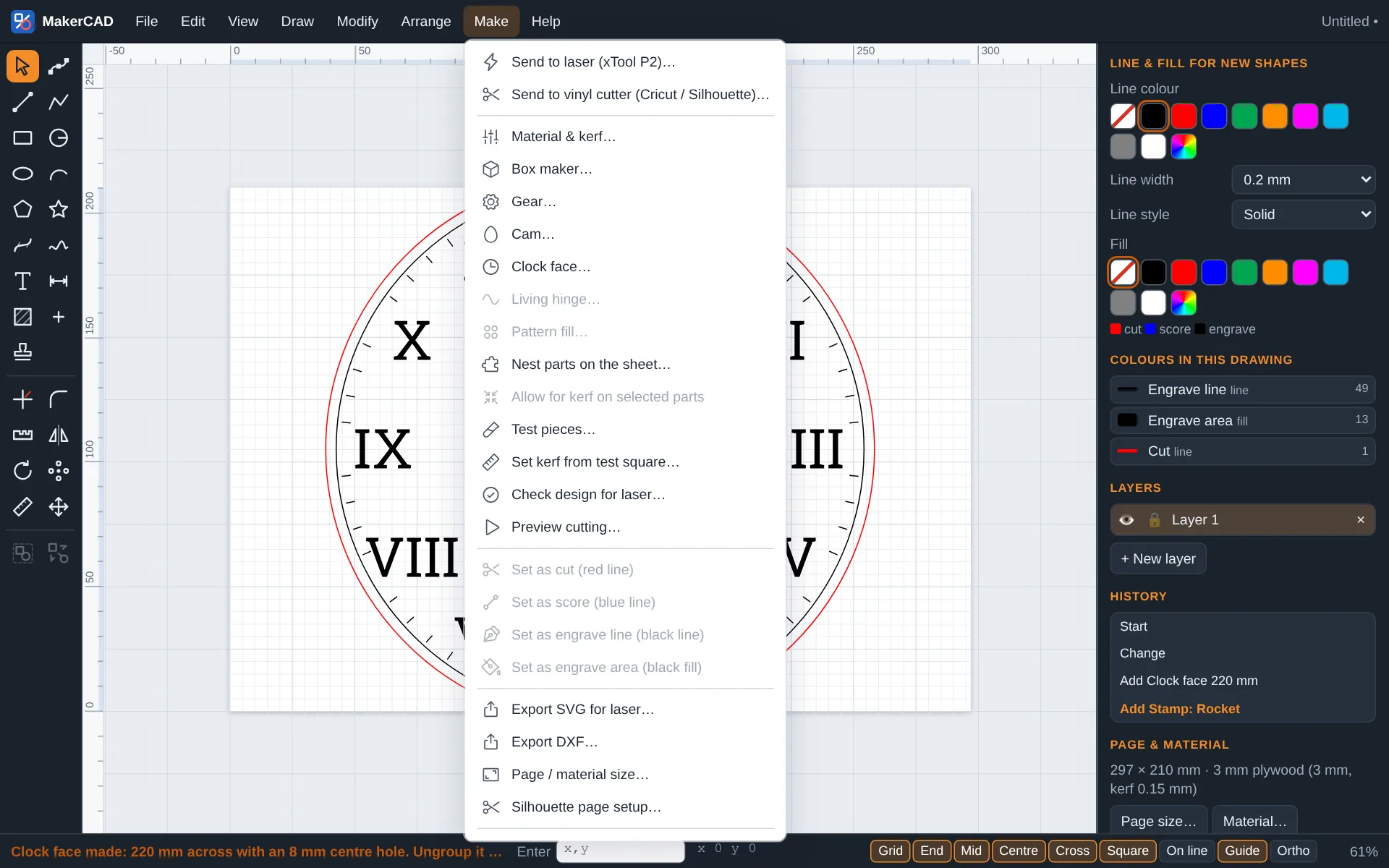MakerCAD's Make menu, listing Send to laser, Send to vinyl cutter, box maker, gear, cam, clock face and other making tools.